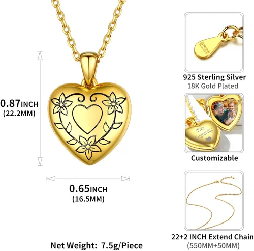 Vista 3 de ChicSilver Collar con medallón de flores grabadas de plata de ley 925 para mujeres que sostienen imágenes, medallón personalizado con imagen, cadena