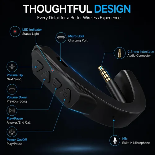 Vista 4 de Adaptador Bluetooth inalámbrico aptX mejorado para auriculares Bose QuietComfort 25 QC 25 con micrófono/control de volumen, negro