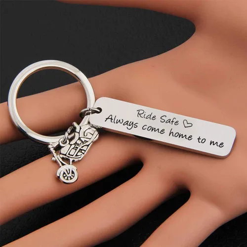Vista 2 de Llavero de regalo para motociclista, siempre viene a casa, regalo para marido, hijo, familia, amigo, día de San Valentín, llaveros para novio, papá