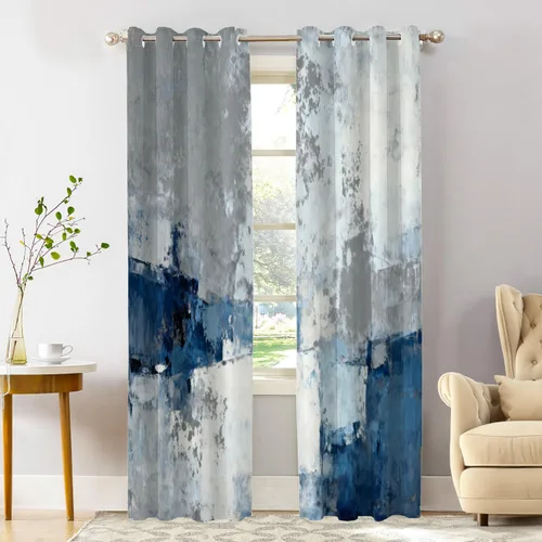 Vista 18 de Shrahala Beige and Orange Abstract Art Brushstrokes Blackout Curtain Tiers, Abstract Oil Paint Kitchen Valance Light Blocking Tier Drapes with Rod