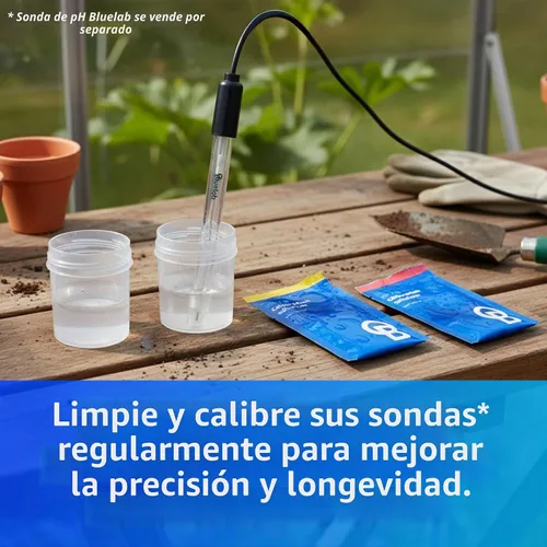 Vista 5 de Kit de cuidado para sonda de pH Bluelab CAREKITPH con solución de calibración, solución de almacenamiento y cepillo, utilizado para lápiz de pH