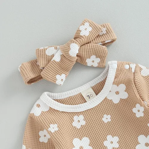 Vista 17 de Ropa de bebé recién nacida, sudadera floral de manga larga, mameluco con volantes, diadema de gofre, traje de otoño de una pieza