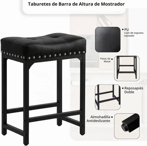 Vista 7 de Juego de 2 taburetes de bar de altura de mostrador para isla de cocina, taburetes de bar negros de 24 pulgadas, taburetes de bar sin espalda