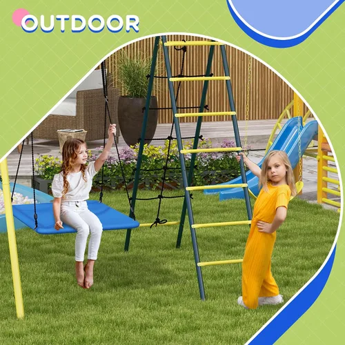 Vista 5 de Outsunny Juego de columpios de 440 libras para patio trasero, soporte 5 en 1 resistente con marco en A, juego al aire libre para niños, con columpio