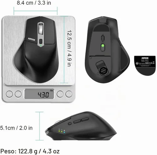 Vista 6 de Arteck Ratón Bluetooth inalámbrico multidispositivo con Nano USB-A, receptor USB-C ergonómico mano derecha, clic silencioso, mouse recargable