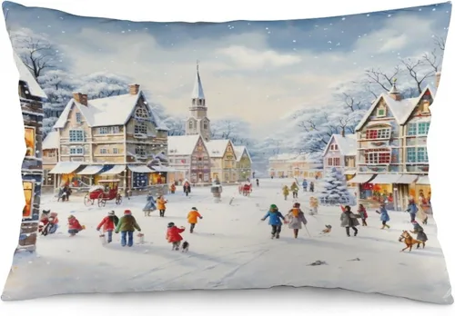 Vista 30 de Funda de almohada con escena de pueblo navideño con niños, fundas de almohada de 12 x 20 pulgadas, almohadas decorativas de Navidad para sofá, funda