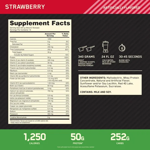 Vista 4 de Serious Mass Strawberry Proteína en polvo, ganador de peso, 12 libras