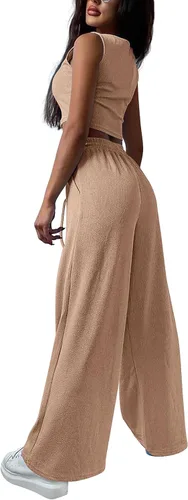 Vista 2 de PRETTYGARDEN Trajes de 3 piezas para mujer, conjuntos a juego, cárdigan de punto acanalado, camisetas sin mangas, pantalones de pierna ancha