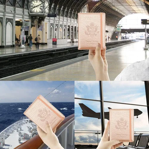 Vista 7 de Soporte para pasaporte y tarjetero de vacuna, cartera para pasaporte, funda para pasaporte con bloqueo RFID, Oro Rosa, Compacto