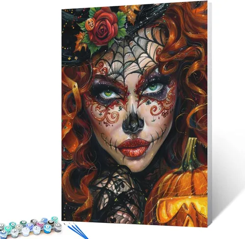 Vista 24 de Pintura por números retrato de niña con sombrero de mago Tucocoo, pintura DIY en lienzo con pinceles, pinturas acrílicas, calabaza de Halloween