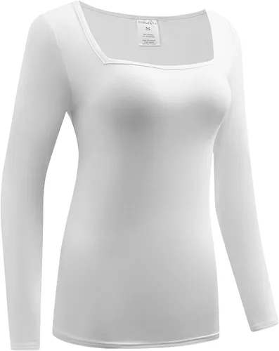 Vista 3 de OThread & Co. Camiseta de manga larga para mujer, cómoda, cuello cuadrado, capa elástica básica