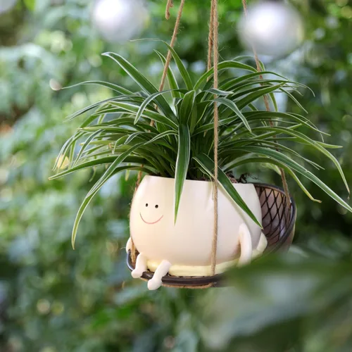 Vista 5 de Macetero Colgante con Silla Cintillo y Cara Sonriente para Plantas de Interior y Exterior, Macetas de Resina Lindas con Cabeza para Cadena
