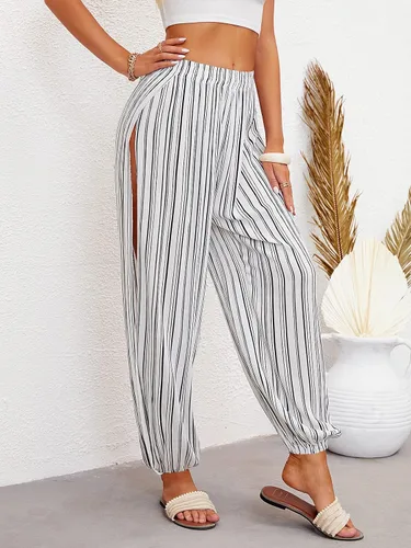 Vista 4 de Yanekop Pantalones hippie harén para mujer ropa de yoga bohemia cintura fruncida pantalones de playa palazzo
