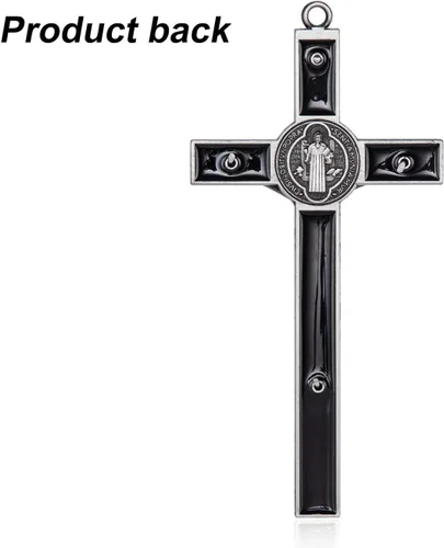 Vista 3 de Wellcho Crucifijo de pared esmaltado negro - Arte de pared de metal de San Benito, cruz de 7 pulgadas para dar bendición y lo sagrado espiritual
