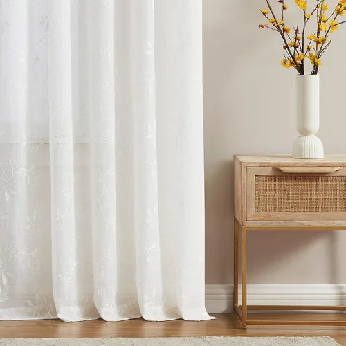 Vista 6 de Vision Home Cortinas con textura de lino transparente floral de 84 pulgadas, paneles de ventana bordadas con estampado de hojas para sala de estar