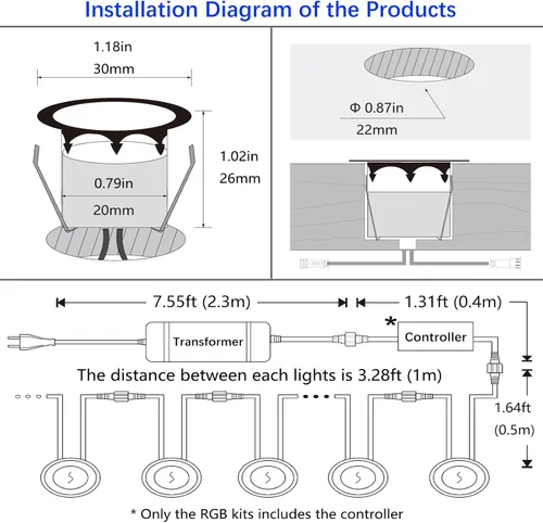 Vista 4 de Luces LED para terraza al aire libre con fotocélula blanca cálida Φ1.18 pulgadas, bajo voltaje, 12 V CC, IP67, impermeable, eléctrica, con cable