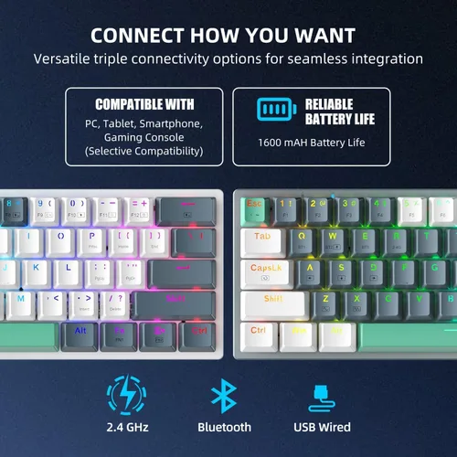 Vista 6 de Machenike K500A-B61W Teclado mecánico inalámbrico para juegos al 60%, interruptor rojo lineal ultracompacto intercambiable en caliente