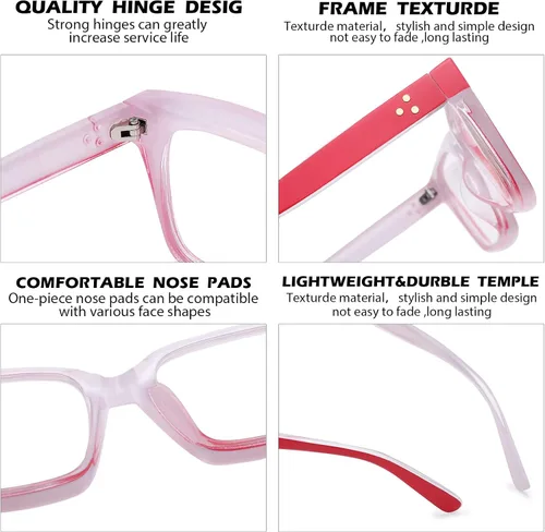 Vista 4 de Hycredi Gafas cuadradas clásicas sin receta para mujeres y hombres, lentes de montura cuadrada gruesa, A4*2pack-(azul+rojo)