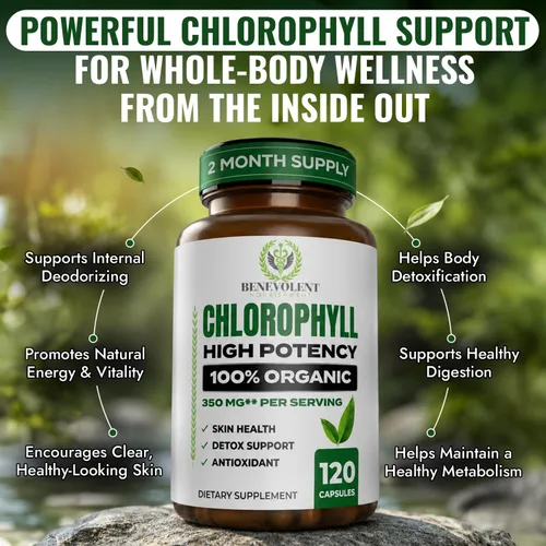 Vista 2 de Benevolent - Cápsulas de clorofila de 350 mg - 100% natural + ultra clorofila concentración de potencia 20x para impulso de energía, apoyo