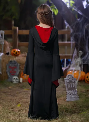 Vista 6 de BesserBay Disfraz de bruja para niñas, vestido de vampiro de Halloween de 5 Negro y Rojo Vestido