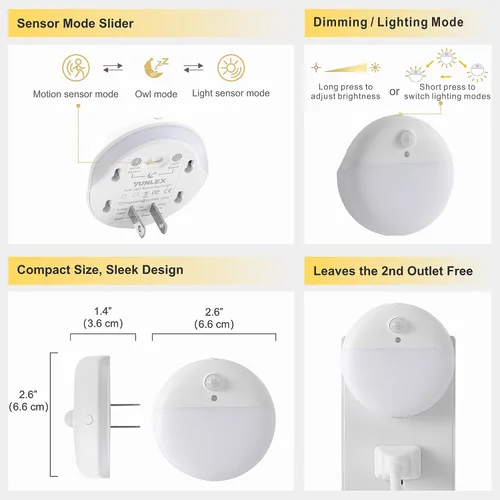 Vista 6 de YUNLEX Paquete de 2 luces nocturnas rojas enchufables con sensor de movimiento y sensor de atardecer a amanecer, 3 modos, brillo suave, 0% luz azul