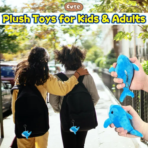 Vista 5 de Peluche de delfín azul (paquete de 1), peluches Kawaii para niñas y niños, juguetes de peluche de delfín para niños, llaveros de animales marinos
