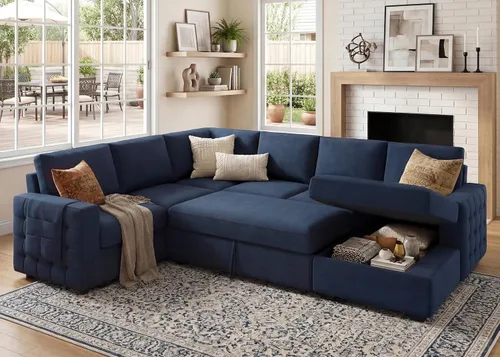 Vista 16 de HONBAY Sofá cama seccional con cama extraíble, sofá seccional en forma de U con diván de almacenamiento, sofá seccional de 6 plazas, terciopelo negro