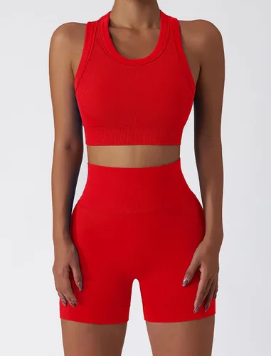 Vista 77 de Conjuntos de entrenamiento para mujer, 2 piezas, sin costuras, acanalada, sin mangas, brasier deportivo, cintura alta, pantalones cortos