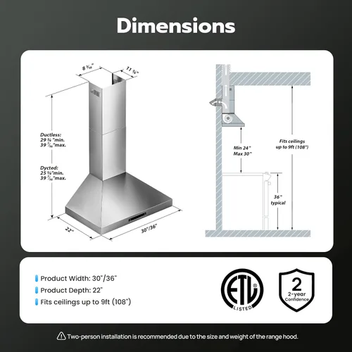 Vista 2 de IKTCH Campana extractora de montaje en pared de 36 pulgadas 900 CFM convertible, ventilación de chimenea de cocina de acero inoxidable con sensor