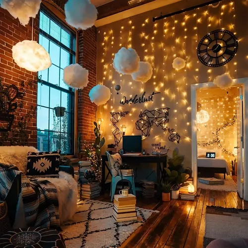 Vista 3 de Guirnalda de 300 luces LED para cortina, luces parpadeantes para dormitorio con 8 modos de iluminación, luces de Navidad USB para fiesta, hogar