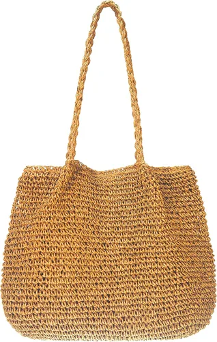 Vista 8 de JI YA LI Bolso de playa de paja suave tejida a mano, bolso de mano casual vintage de ratán bolso de mano bohemio Wowen Tote Basket Bolsa