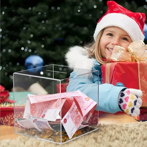 Vista 2 de Alcancía, bancos de dinero para niños, tarro cuadrado de acrílico transparente sin abrir para regalo para niños y adultos, monedas en efectivo
