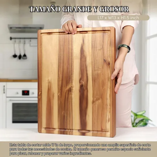 Vista 6 de Tabla de cortar de madera de acacia (17 x 13 x 1.5 pulgadas) y bloque de carnicero de madera, tabla de cortar, reversible multiusos para carne