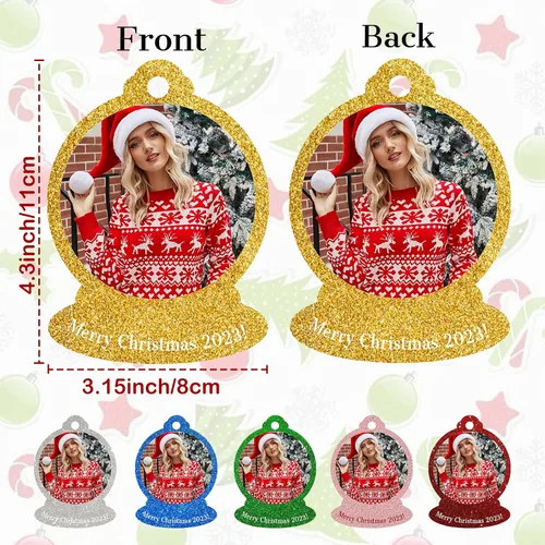 Vista 3 de Adornos de Navidad personalizados 2023 con imagen personalizada con purpurina, adornos acrílicos para decoración de árbol para parejas, familia