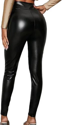 Vista 5 de MOSISON Pantalones de cuero sintético para mujer, de cintura alta, elásticos, de piel sintética