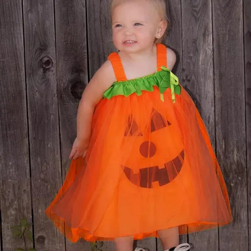 Vista 5 de Disfraz de princesa de tul para niñas pequeñas sin mangas con estampado de calabazas de Halloween de malla y tul