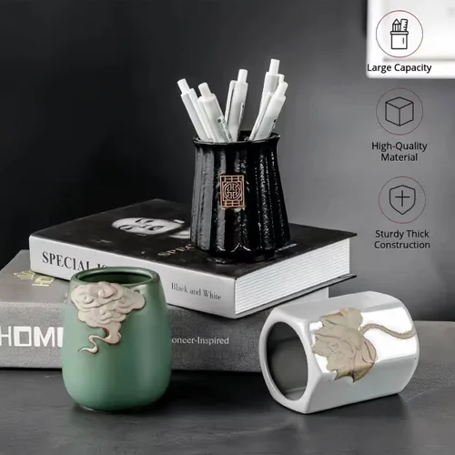 Vista 2 de Soporte estético retro de bambú para escritorio, suministros de oficina clásicos, decoración de cubículos, accesorios de espacio de trabajo