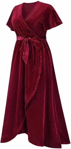 Vista 8 de Vestido de fiesta de terciopelo acanalado para mujer, cuello en V, manga corta, lazo en la cintura, fiesta de noche, longitud al suelo, vestido