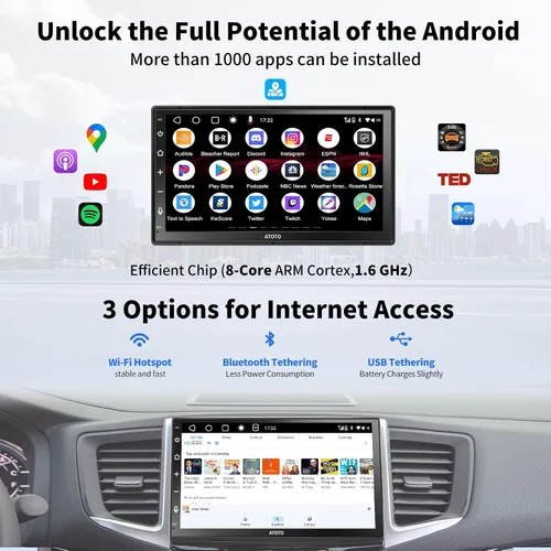 Vista 4 de ATOTO A6PF - Estéreo de auto doble DIN Android de 7 pulgadas con cámara de respaldo, Carplay inalámbrico y Android Auto inalámbrico, pantalla táctil