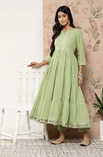 Vista 4 de Janasya Kurta indio de algodón verde pastel para mujer con pantalón y dupatta