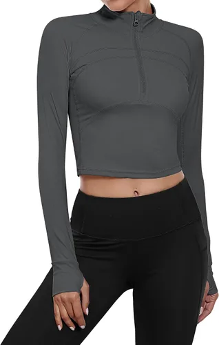 Vista 8 de Neer Paquete de 2 chaquetas de manga larga para mujer, con cremallera de 12, ombligueras de yoga, ajustadas, para correr, con agujeros para el pulgar