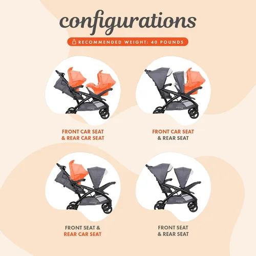 Vista 5 de Baby Trend Sit N' Stand Cochecito doble tándem con 2 asientos de coche para bebé EZ-Lift Plus, Magnolia