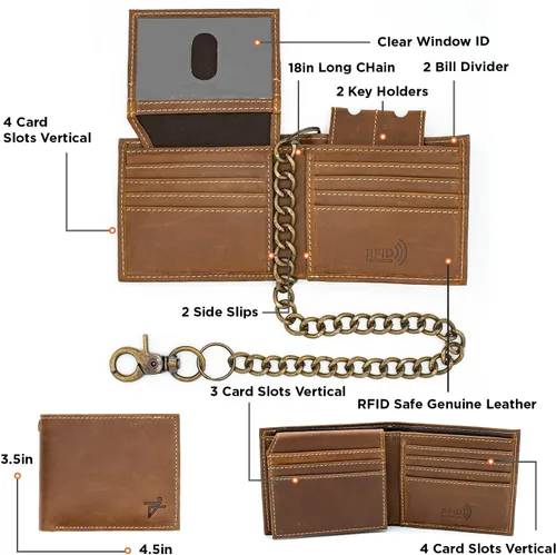 Vista 3 de Cartera de cuero genuino para hombre, con bloqueo RFID, plegable, elegante, billetera plegable con cadena de acero inoxidable, billetera abatible