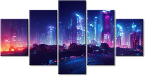 Vista 381 de Cuadros de 5 paneles de Cyberpunk City, arte de pared, representación de vallas publicitarias, edificios modernos en la capital con obras de arte