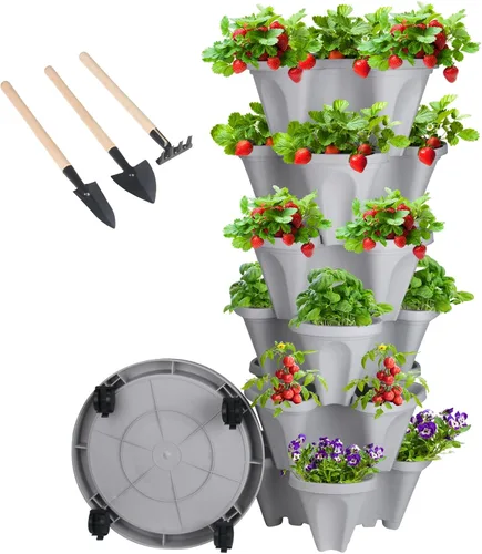 Vista 52 de GameXcel Torre de maceta vertical, macetas apilables de 3 niveles con ruedas y herramientas de jardín, macetas para plantas de fresa, hierbas