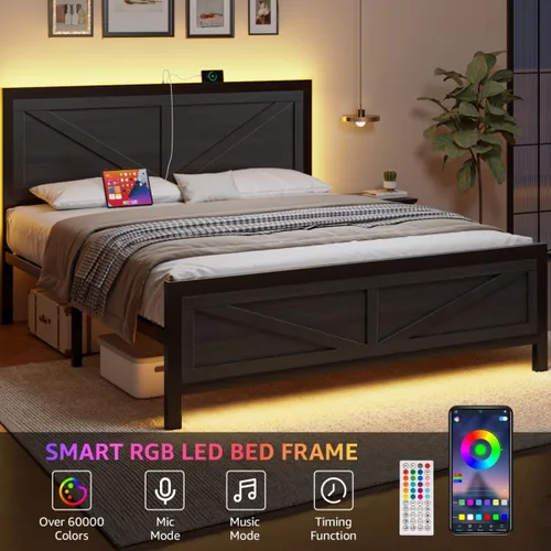 Vista 3 de DOGIBIXO Marco de cama tamaño completo con luces LED y carga USB, marco de cama de plataforma industrial con cabecera de puerta de granero