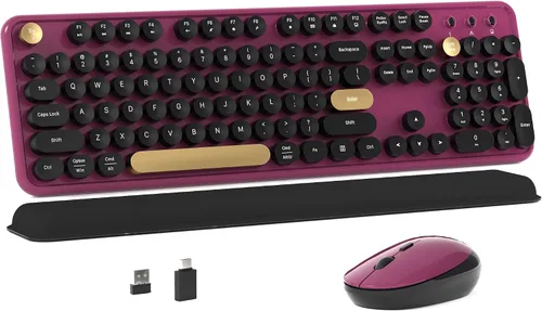 Vista 11 de MPTOG Combo de teclado y mouse inalámbrico de computadora colorido con teclas redondas estilo máquina de escribir, diseño retro, interruptor