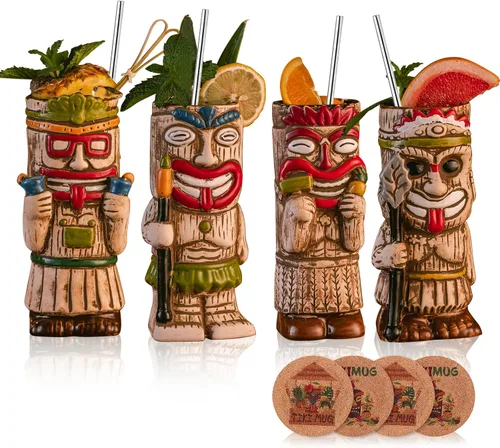 Vista 8 de Juego de tazas Tiki para cóctel, set de 2 - Tazas Tiki de cerámica, lindas tazas exóticas para cóctel, para fiesta hawaiana y bar Tiki