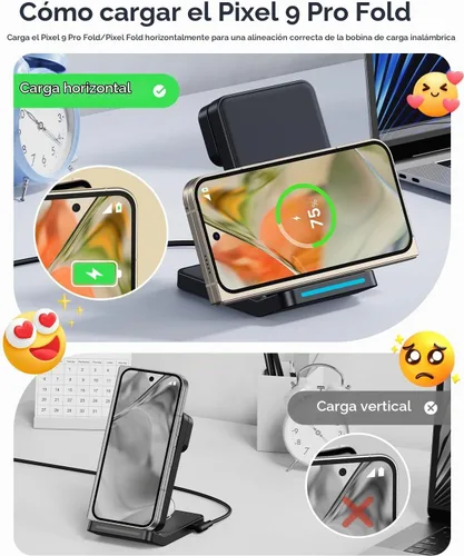 Vista 6 de Cargador Inalámbrico Plegable para Google Pixel Watch 3/2, Estación de Carga Rápida 3 en 1 con Soporte para Pixel 10 Pro XL/10 Pro/9/8/7