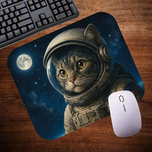 Vista 4 de Alfombrilla de mouse divertida con temática de gato en el espacio exterior, alfombrilla de mouse para escritorio, computadora, laptop, PC